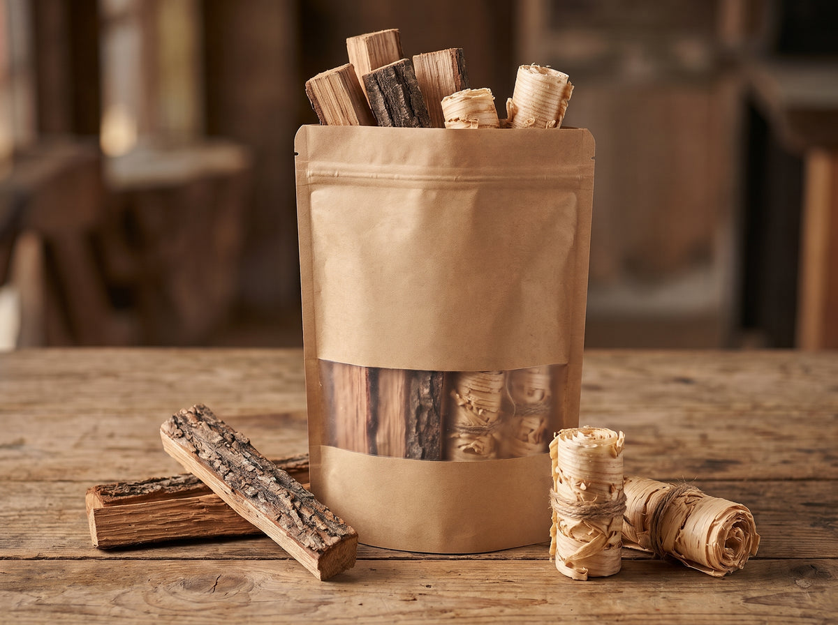 FlameStarter Kit, kraft bag of dry kindling and rolled wood-wool firestarters